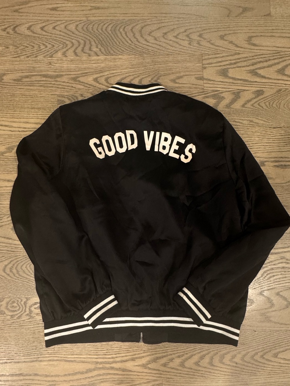 Good Vibes Black baseball Jacket with White Trim